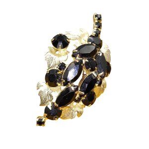 Juliana Style Jet Black Crystal Brooch, Grapes Cluster with Silver Tone Leaves